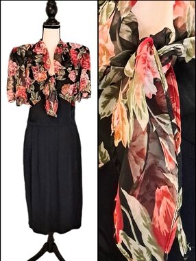 Vintage 80s Phoebe Floral Coquette Midi Dress 40s Inspired Silhouette Sz 14